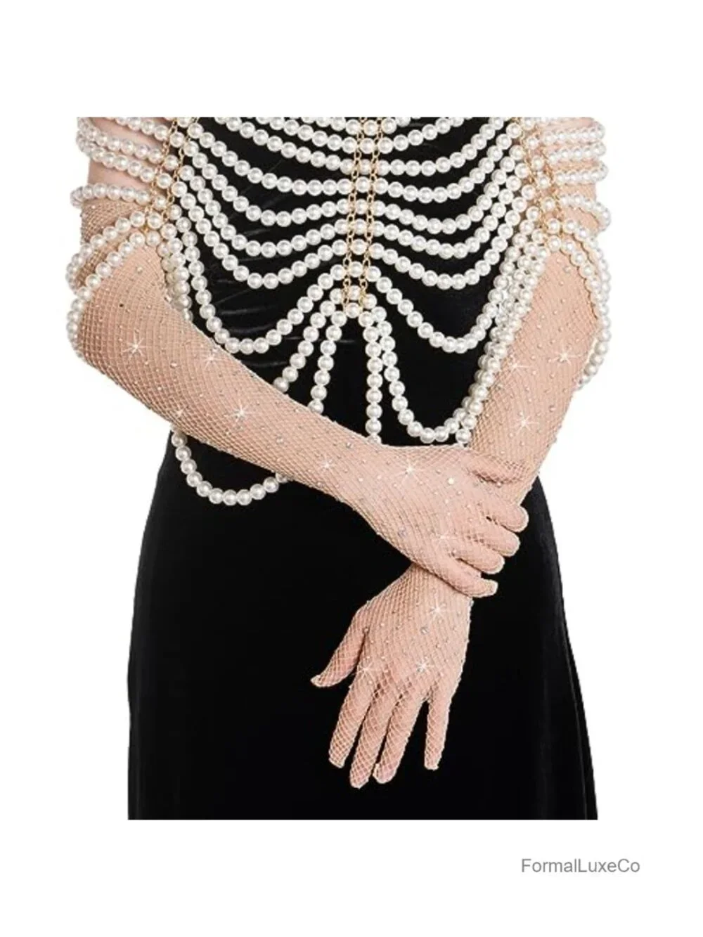 Women Rhinestone Fishnet Gloves Long Mesh Sparkly Opera Party Glitter Sheer